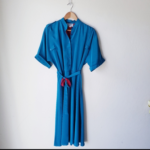 Vintage 80's Blouson Midi Dress 7/8 Turquoise - Picture 9 of 12